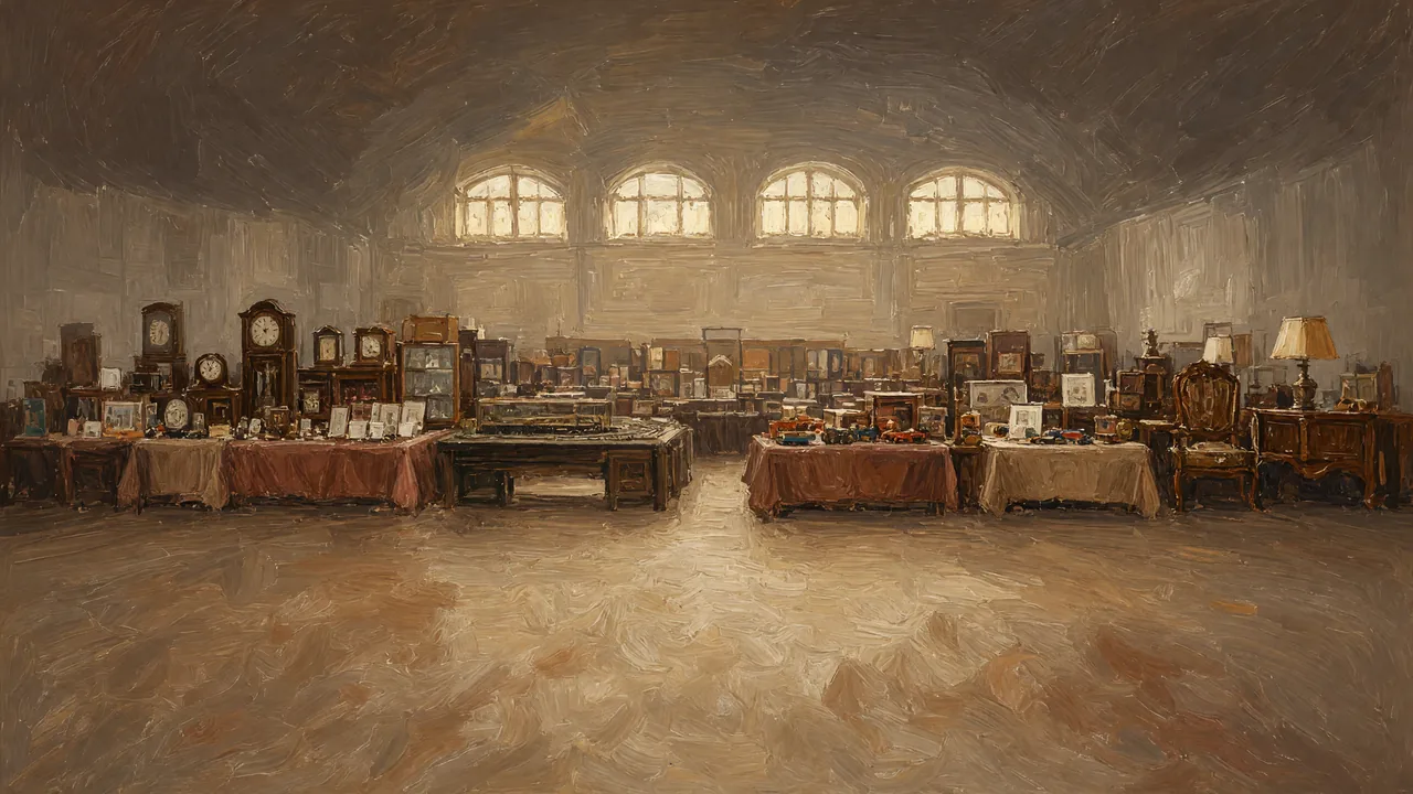 Painting of tables of antiques and clocks in a hall with arched windows.