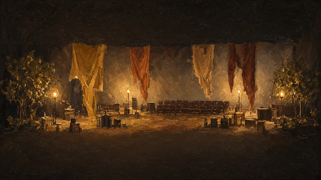 Painting of a dim stage with hanging banners and candles.
