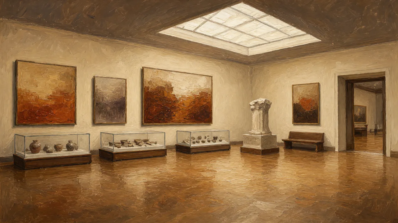 Painting of a gallery with framed landscapes and display cases under a skylight.