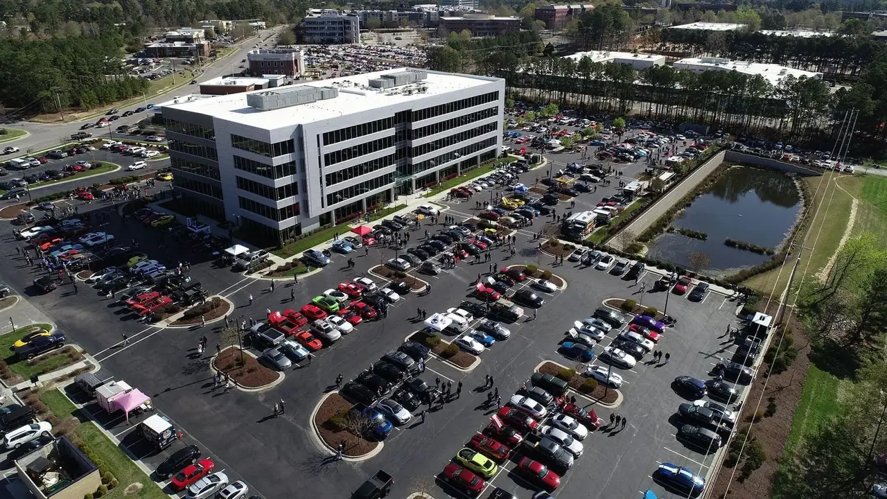An aerial view of the Imperial Center parking lots in Morrisville