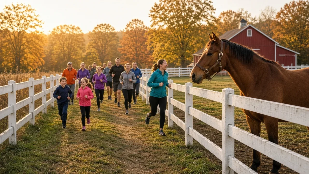 Runners on a dirt path beside a white fence, a horse watching from the paddock.