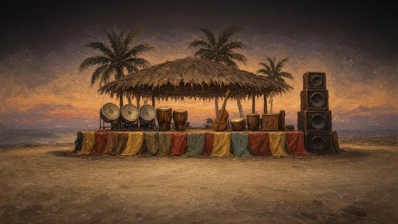 Painting of a stage with drums and speakers under a thatched roof by palm trees.