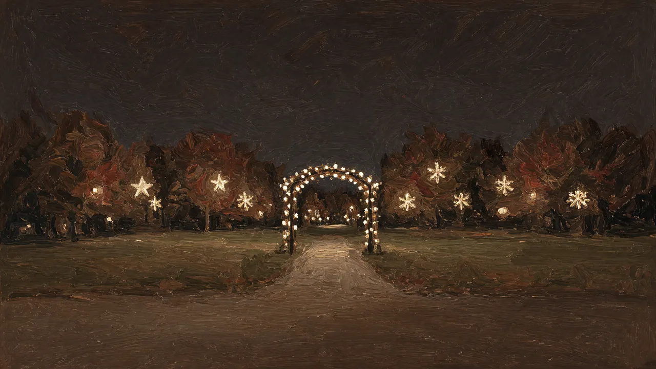 Painting of a lantern-lit arch and glowing trees along a path at night.