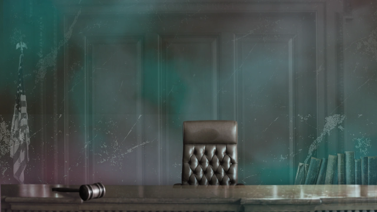 An empty leather chair behind a courtroom bench
