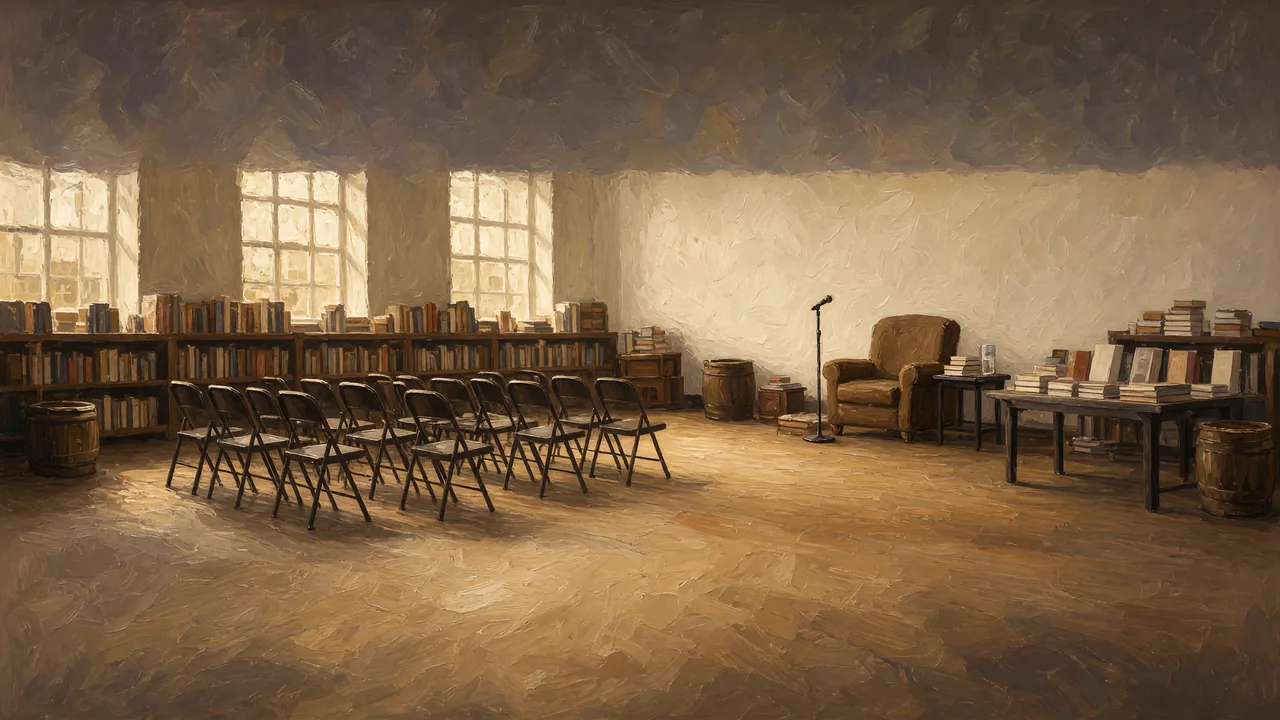Painting of rows of folding chairs and bookshelves in a sunny room.