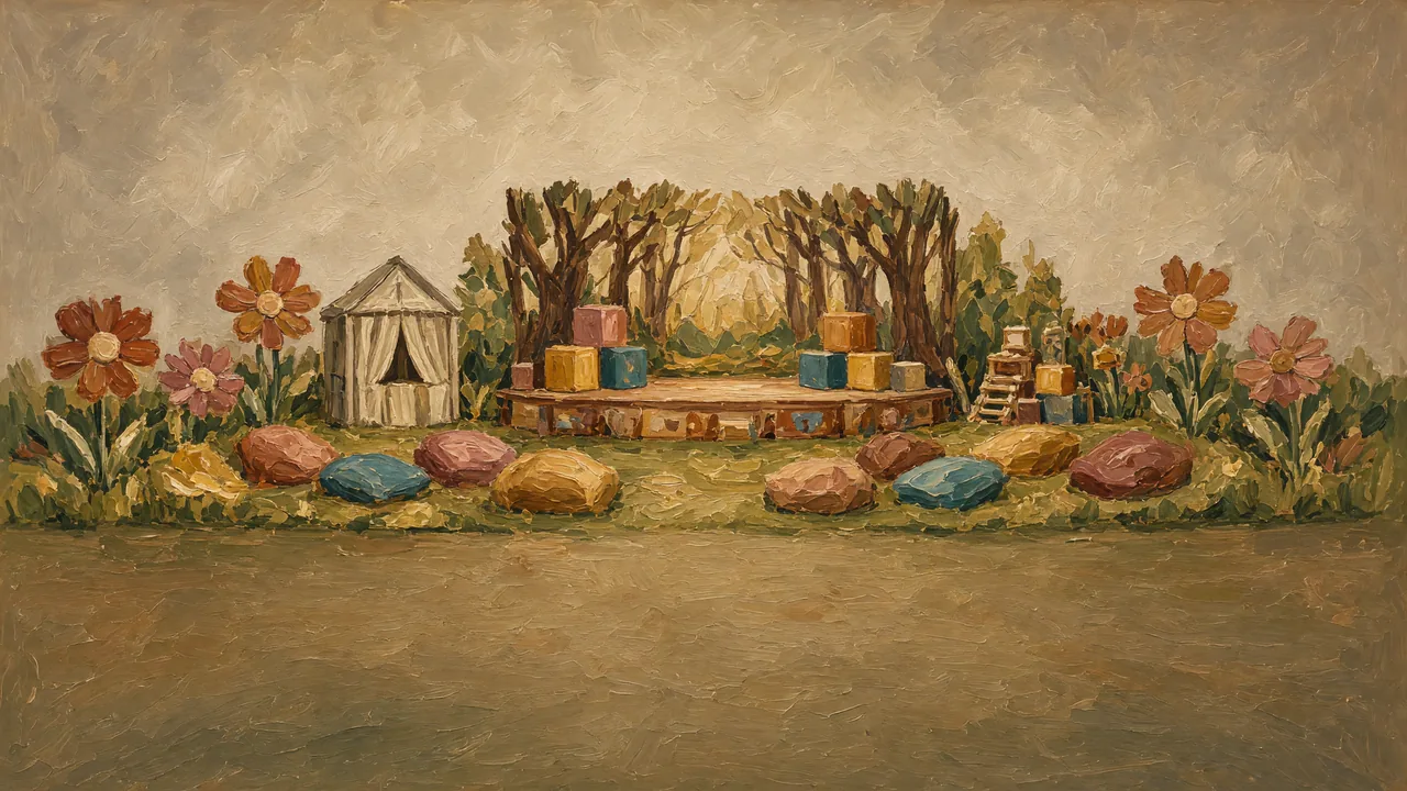 Painting of a colorful storybook stage set with flowers and cushions.