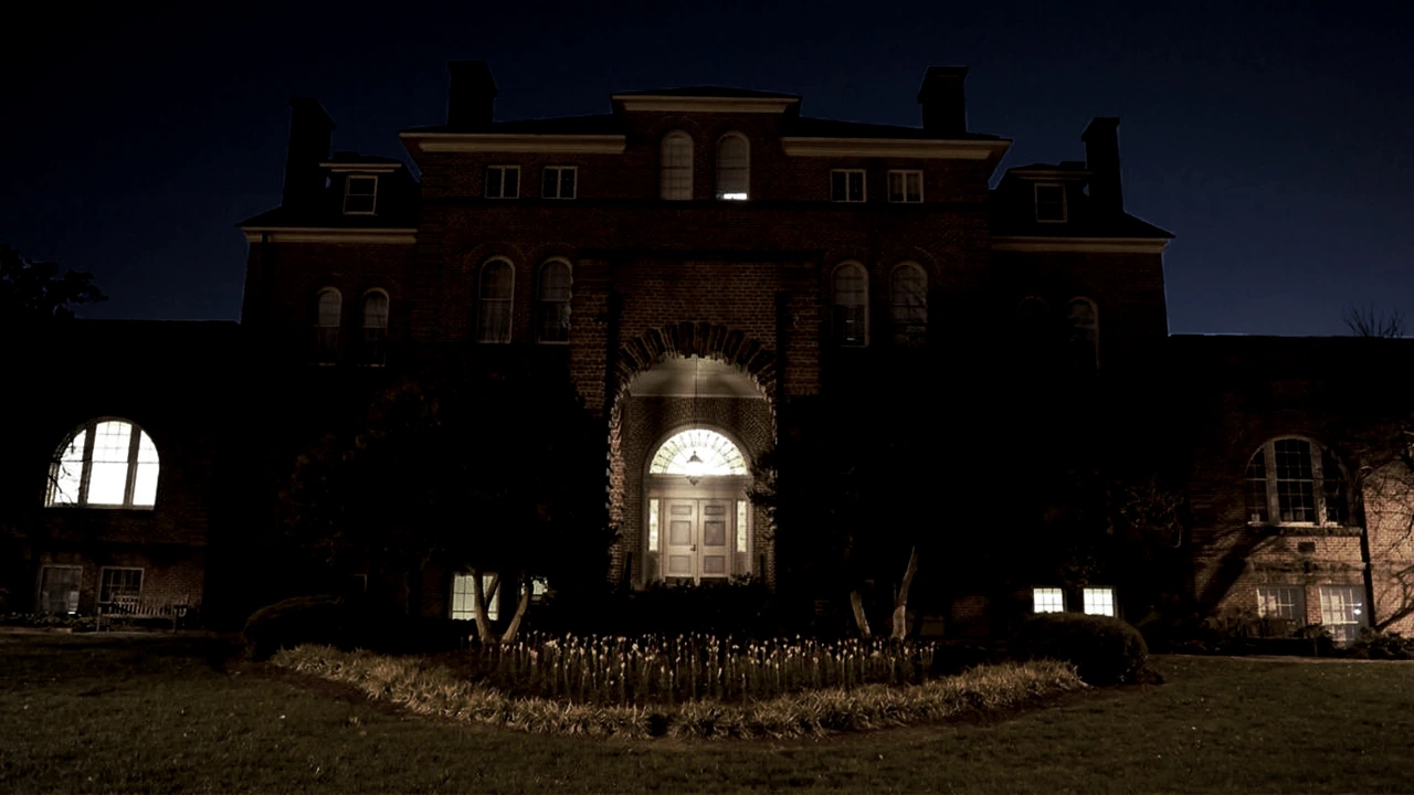 A historic brick building with an arched lit doorway at night.