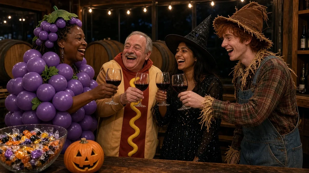 Shopkeepers in costumes handing out candy beside a basket of treats in a store.
