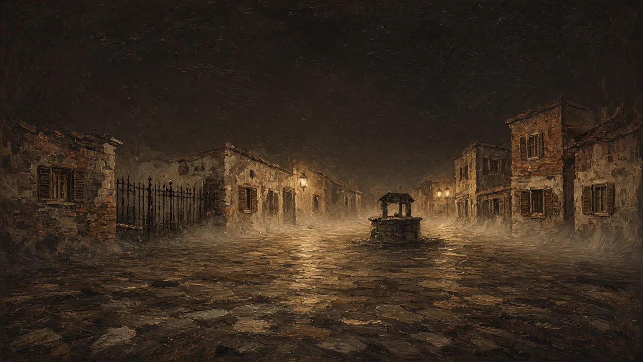 Painting of a foggy old town square with a gazebo.