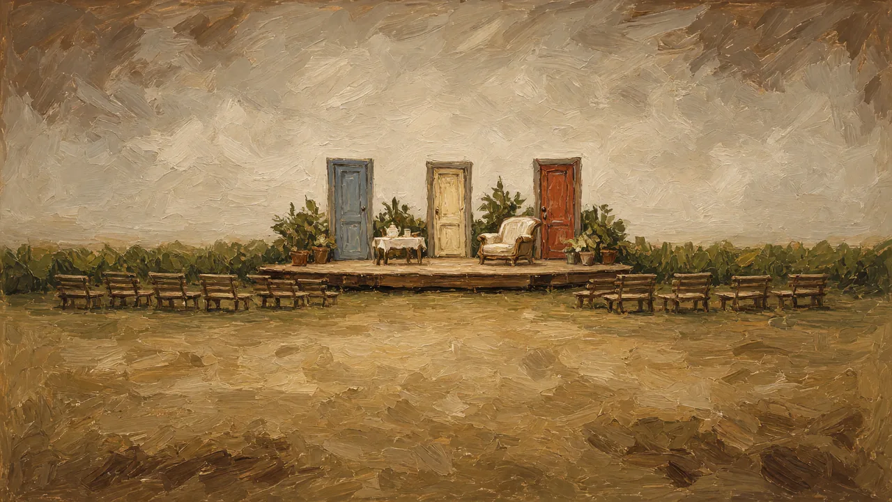 Painting of three doors on an outdoor stage facing a lawn.