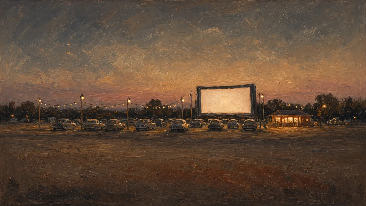 Painting of cars parked before a large outdoor screen at dusk.