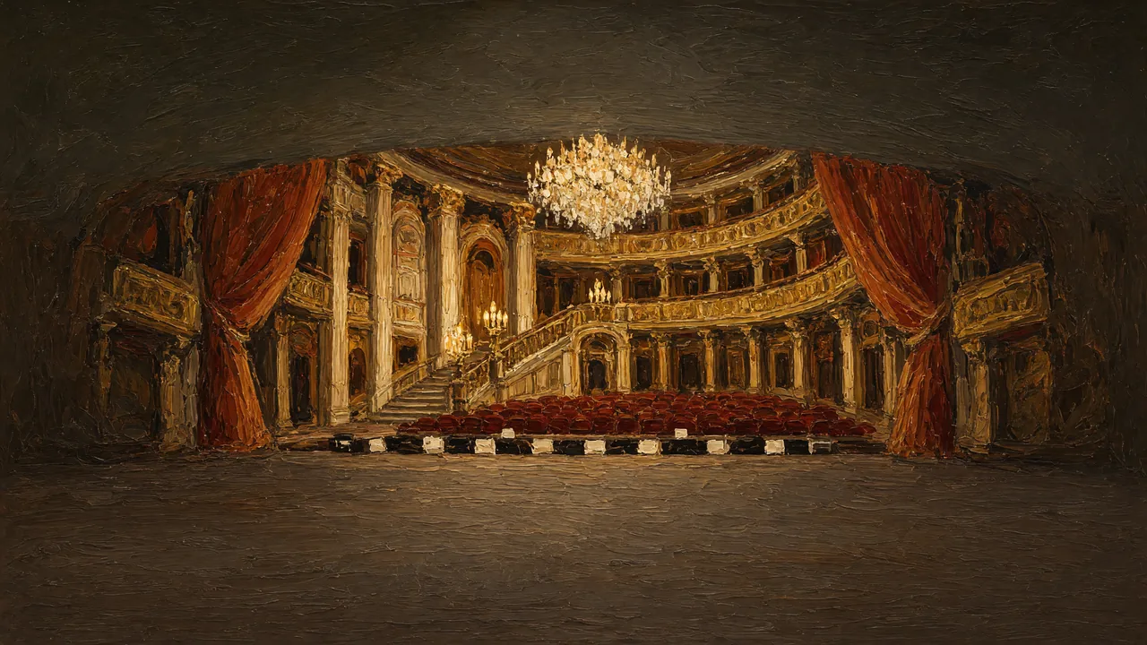 Painting of a grand opera house stage with a chandelier.
