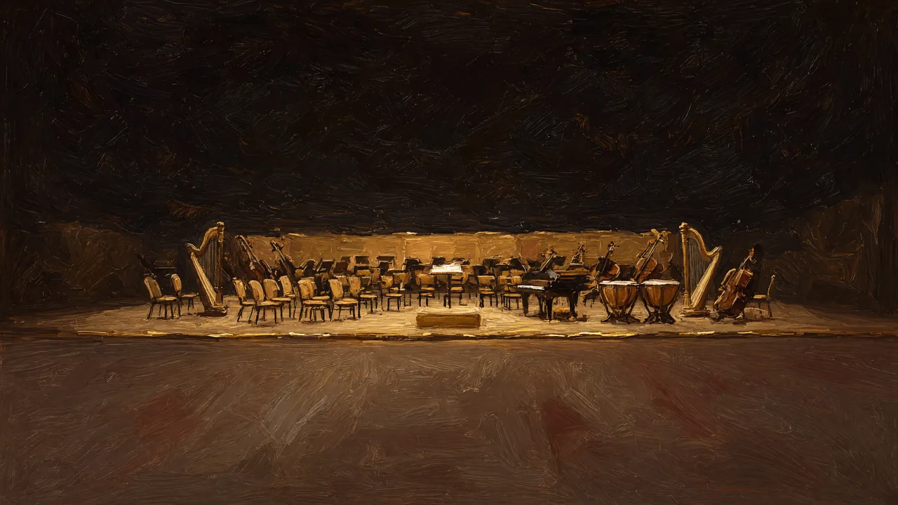 Painting of an orchestra's empty chairs and instruments on a long stage.
