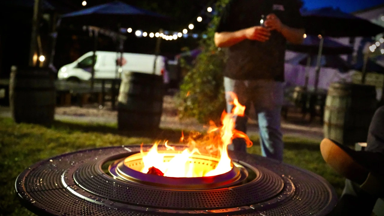 A fire pit on the patio at The Glass Jug