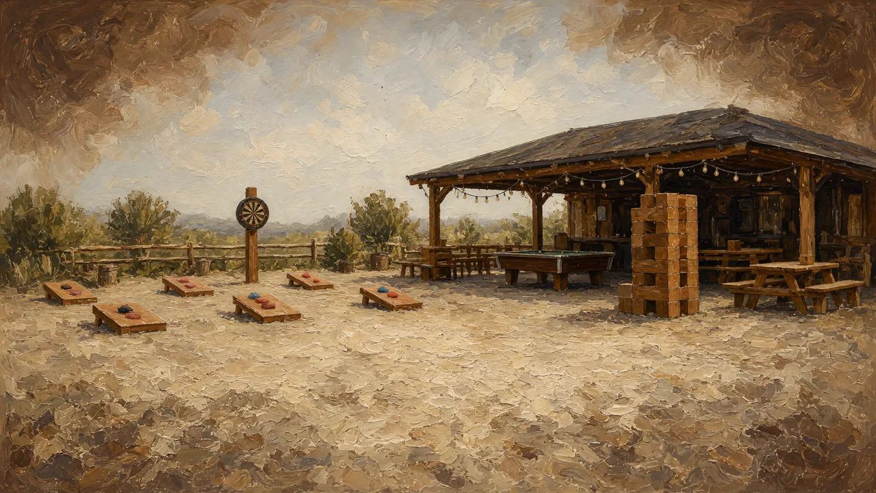 Painting of cornhole boards and an open-air pavilion on a lawn.