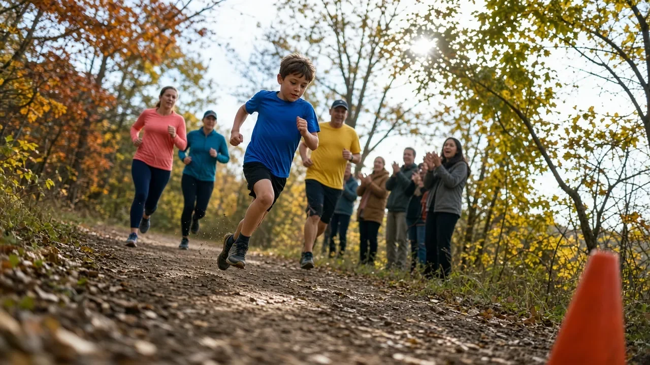 Runners on a leaf-covered wooded trail cheered by spectators.