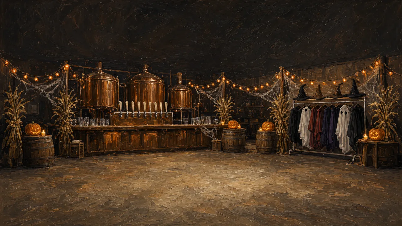 Painting of a bar with copper tanks, pumpkins and costume racks.