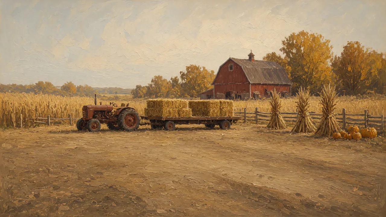 Painting of a tractor pulling a hay wagon past a red barn.