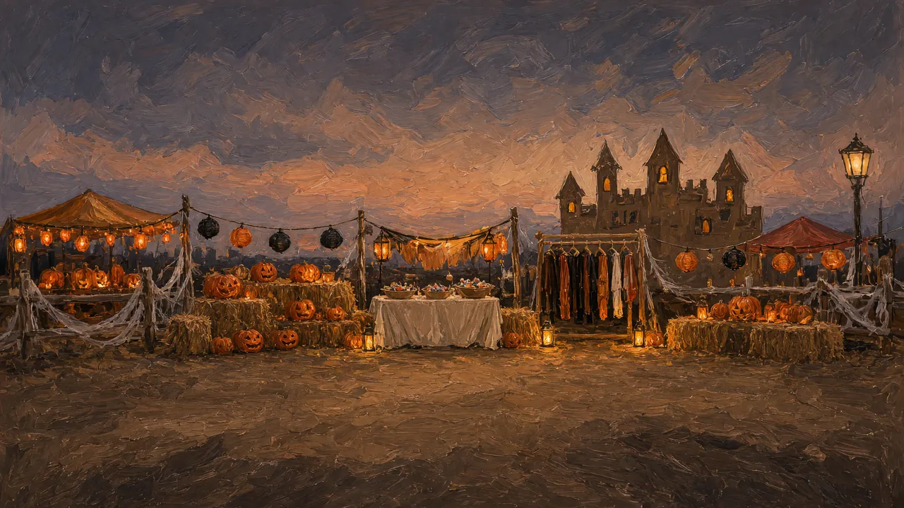 Painting of lantern-lit booths and a castle-like gate at dusk.