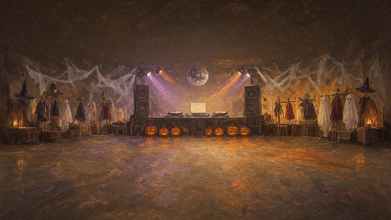 Painting of a dance floor with speakers and a disco ball under cobwebs.