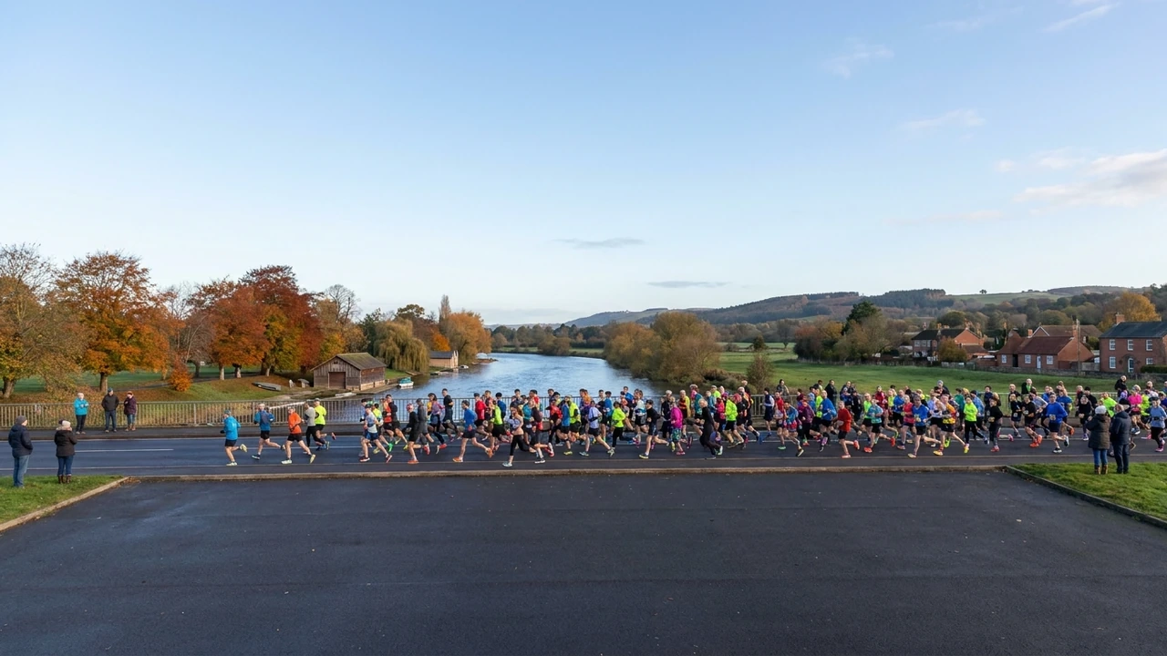 A large field of runners on a lakeside road under autumn trees.