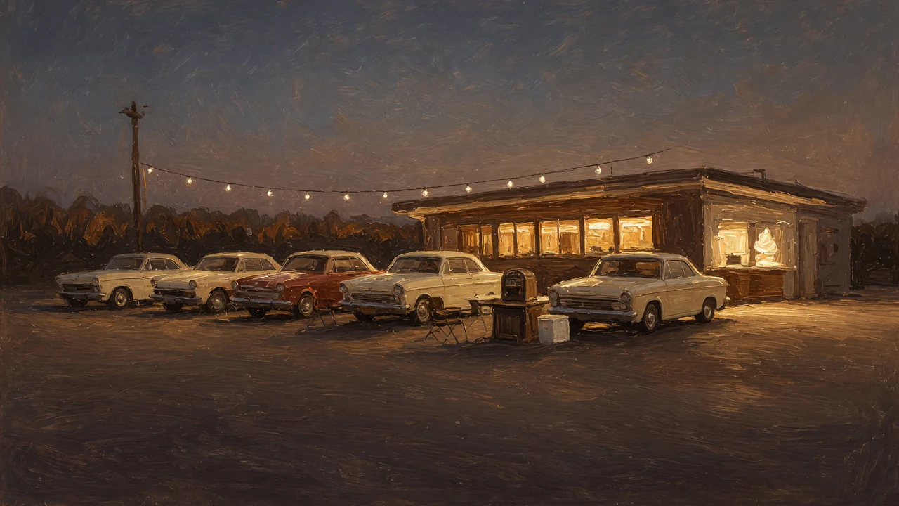 Painting of classic cars parked outside a lit diner at dusk.