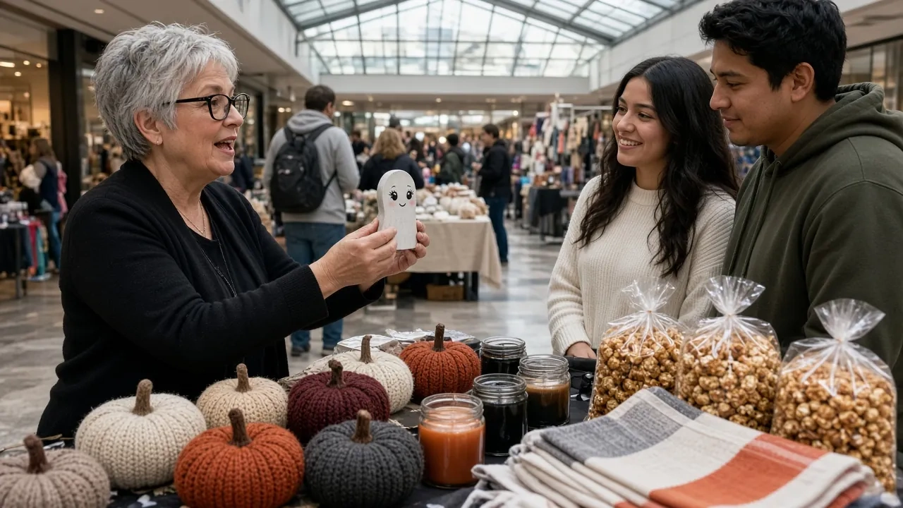 Shoppers at a bazaar table of pumpkins and baked goods in a skylit hall.