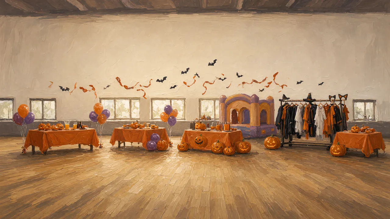 Painting of orange-draped tables and paper bats in a bright room.