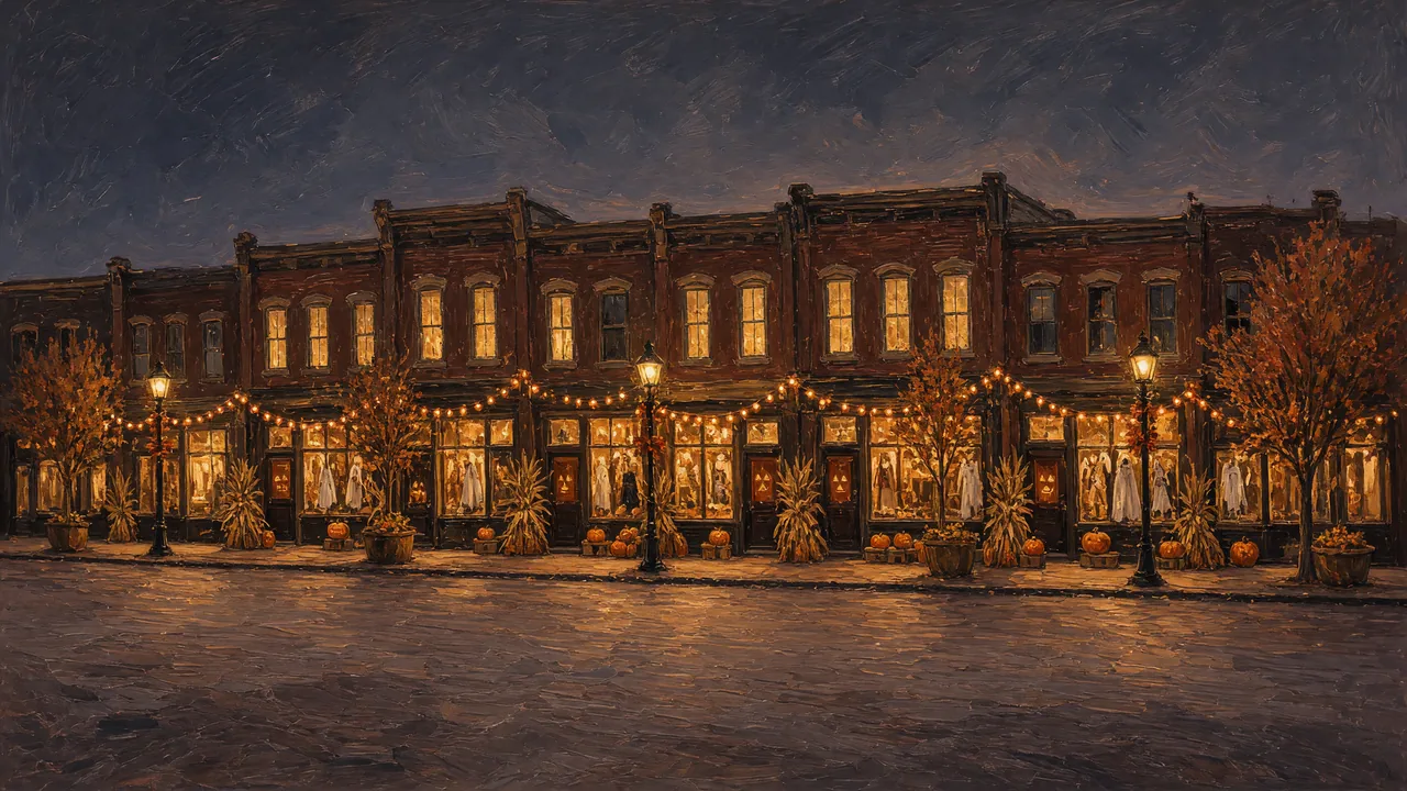 Painting of storefronts decorated with pumpkins on a street at dusk.