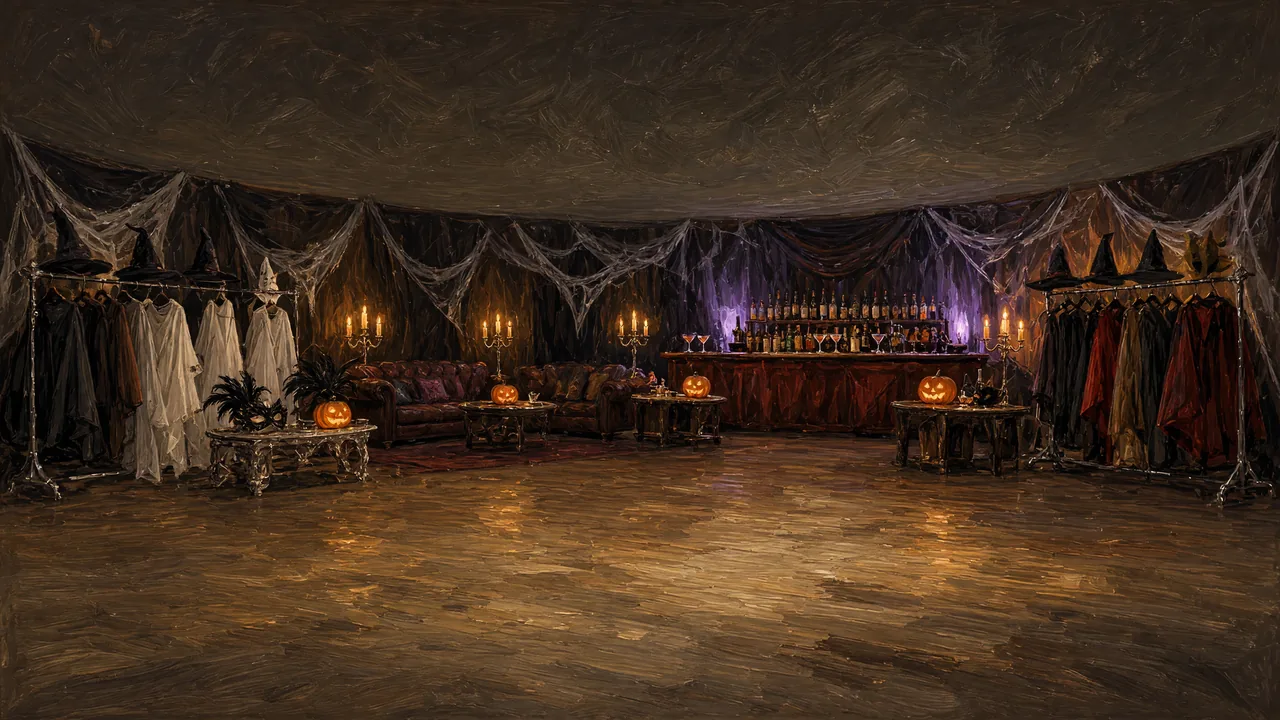 Painting of costume racks and a bar under cobwebs and purple lights.