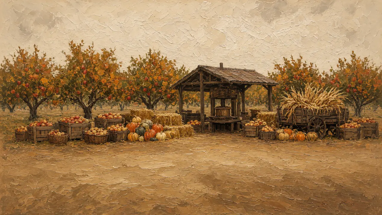 Painting of a pumpkin stand under an orchard of autumn trees.