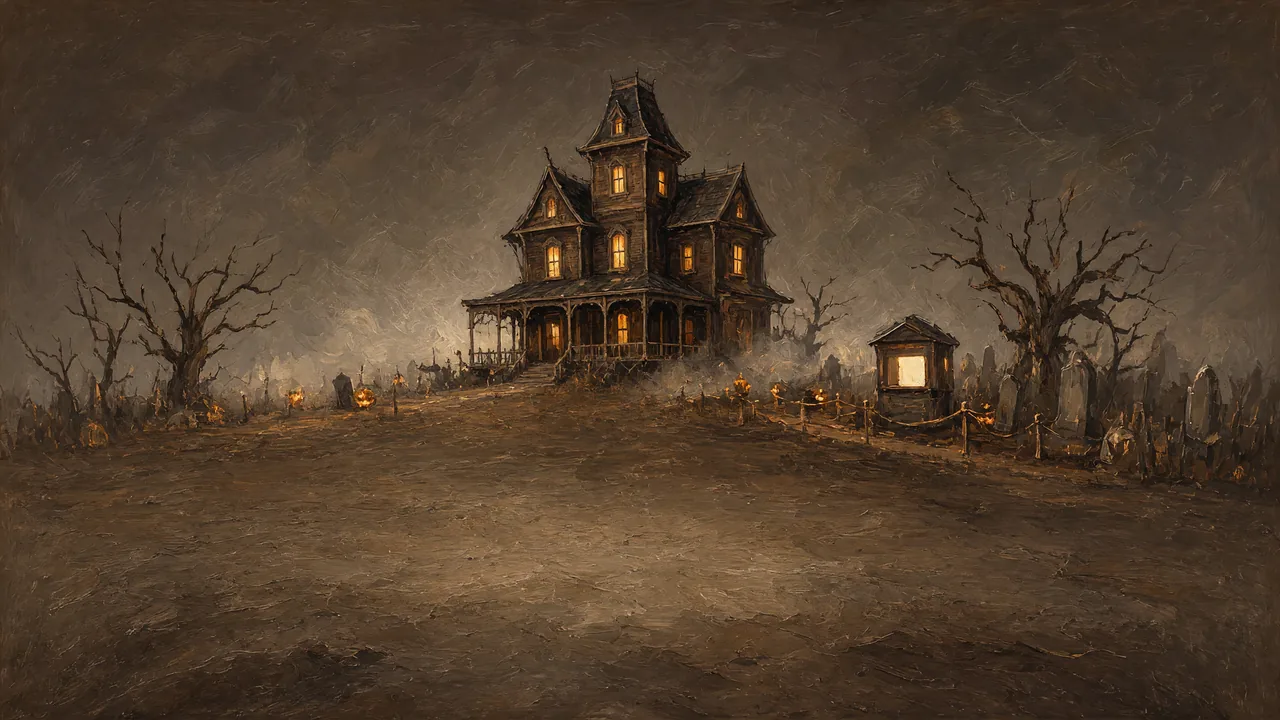 Painting of a dark old house with bare trees and fog.