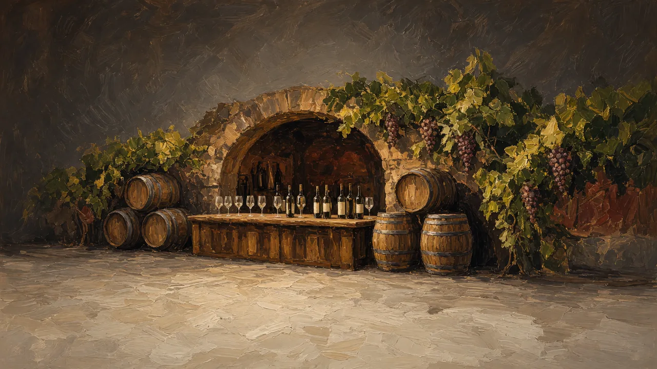 Painting of wine barrels and bottles under a vine-covered stone arch.