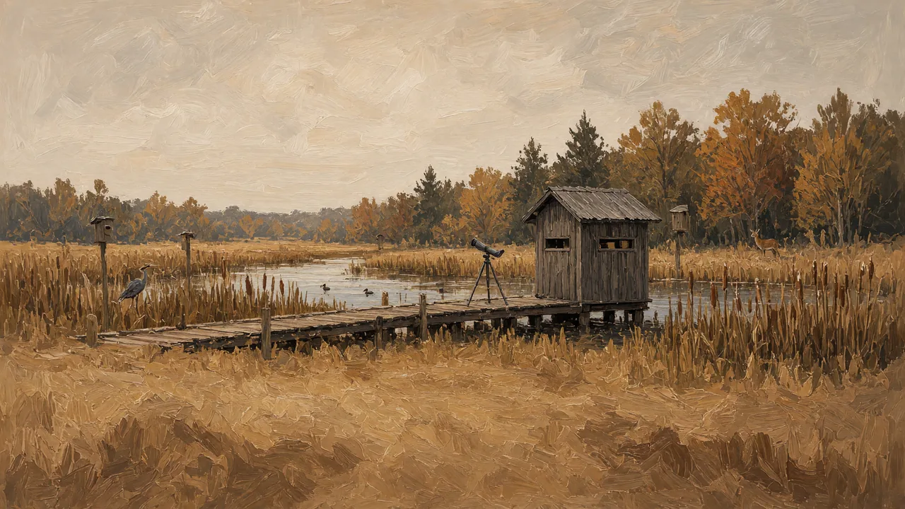 Painting of a boardwalk to a wooden blind in a marsh.