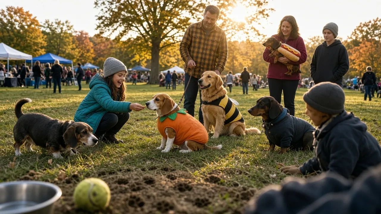 Dogs in Halloween costumes with their owners on a grassy lawn under autumn trees.
