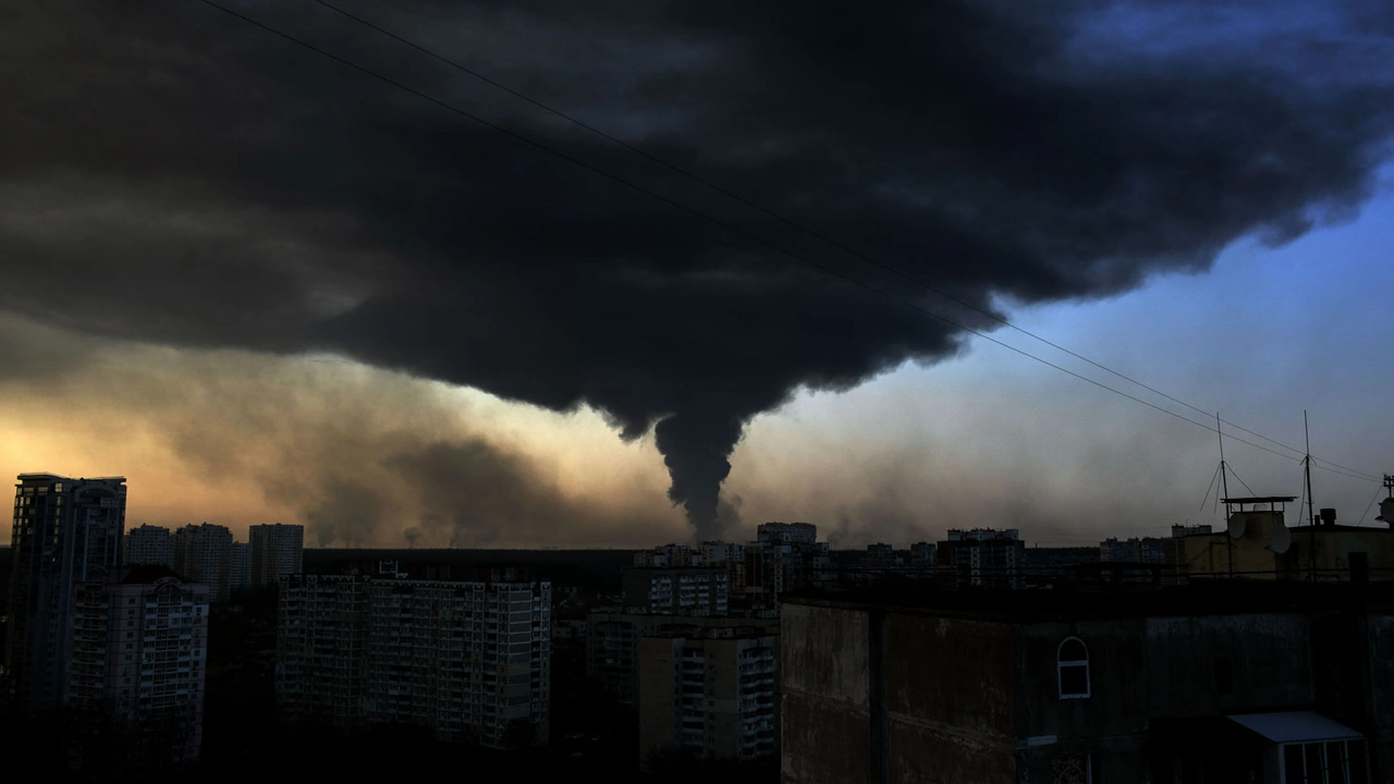 Dark smoke rises over a city skyline
