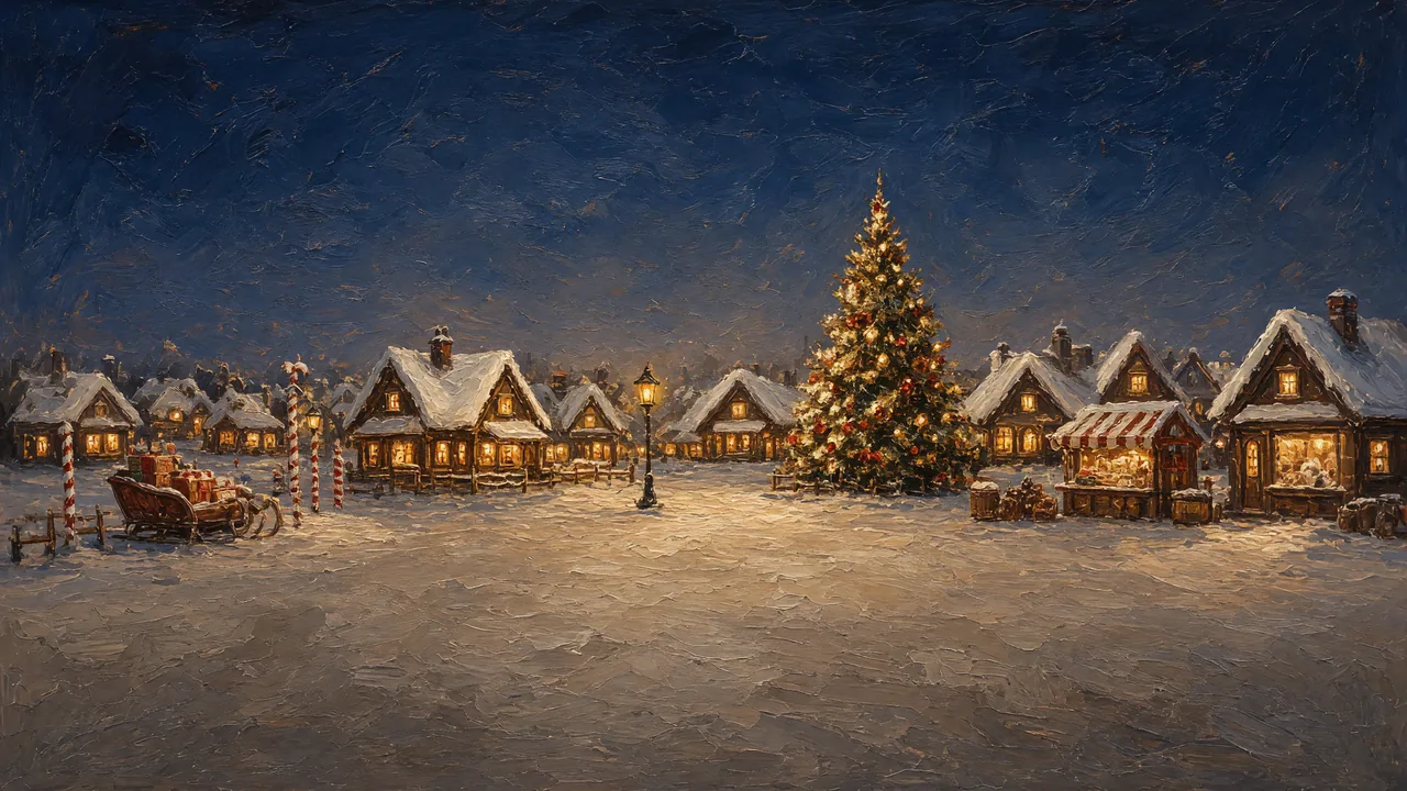 Painting of a snowy village of small houses around a lit tree at night.