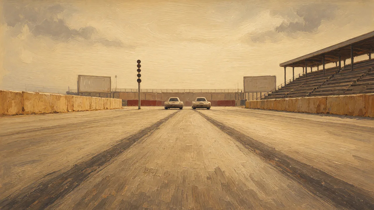 Painting of a drag strip with a starting light tree and grandstand.
