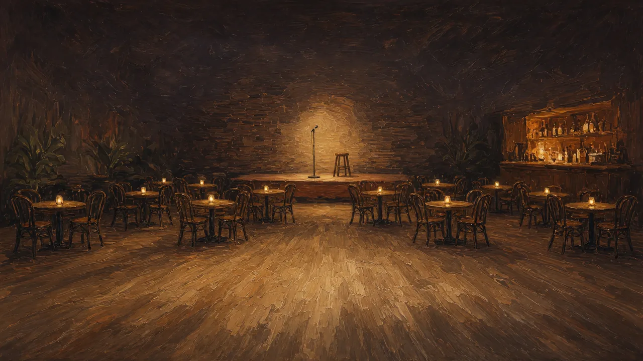 Painting of a microphone under a spotlight beyond rows of small tables.