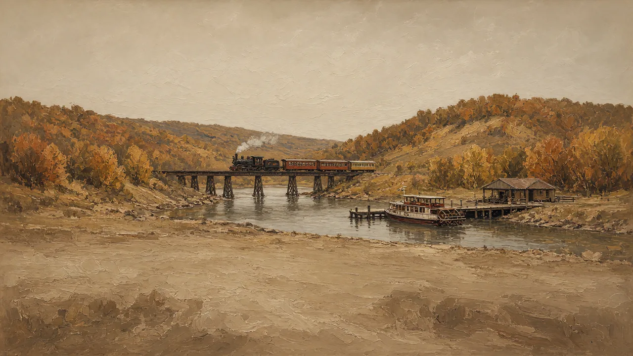 Painting of a steam train crossing a bridge over a river in autumn.
