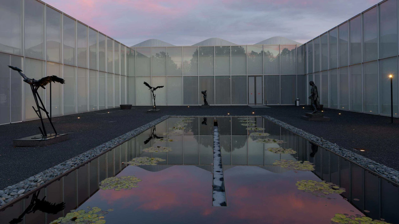 A reflecting pool in a modern museum courtyard