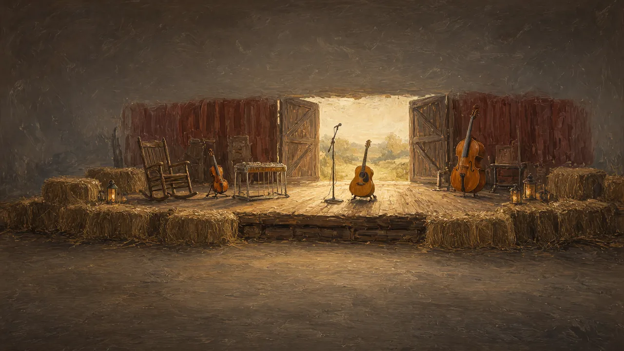 Painting of a hay-bale stage with guitars under a draped barn.