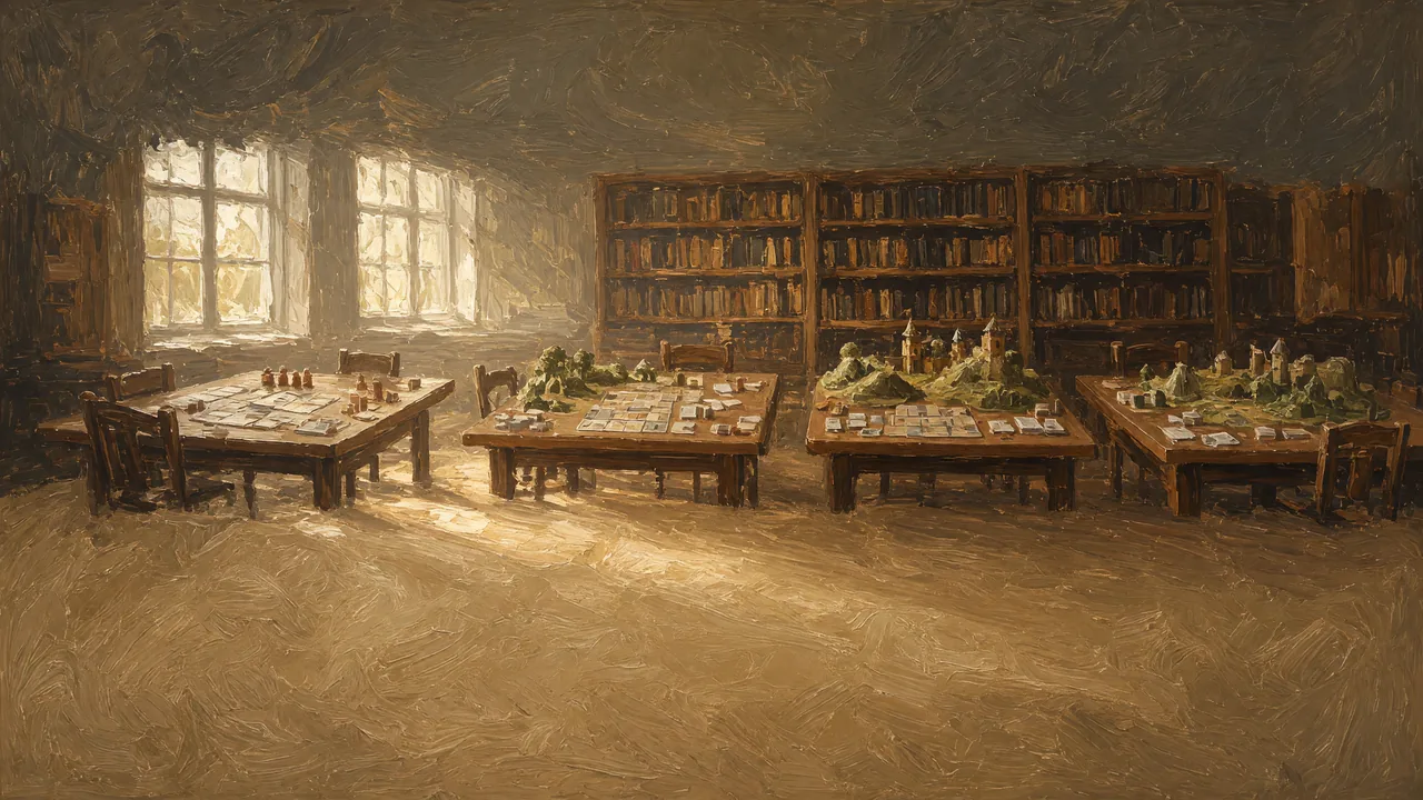 Painting of game tables beside bookshelves and tall windows.