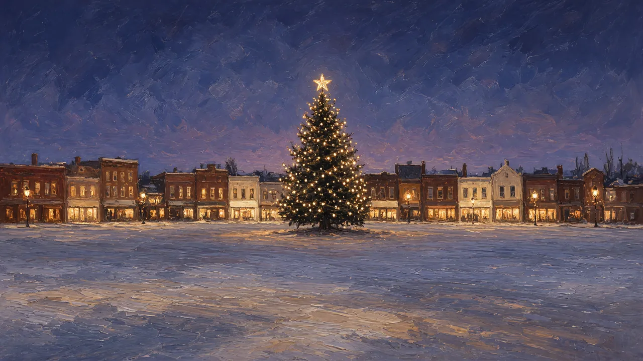 An empty town square at dusk with a tall evergreen strung with warm lights, brick shops with lit windows behind a snowy plaza.