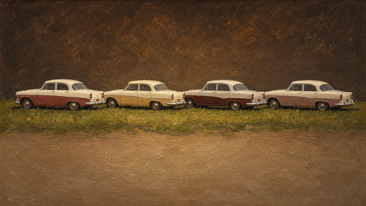 Painting of four classic cars parked in a row on a grassy field.