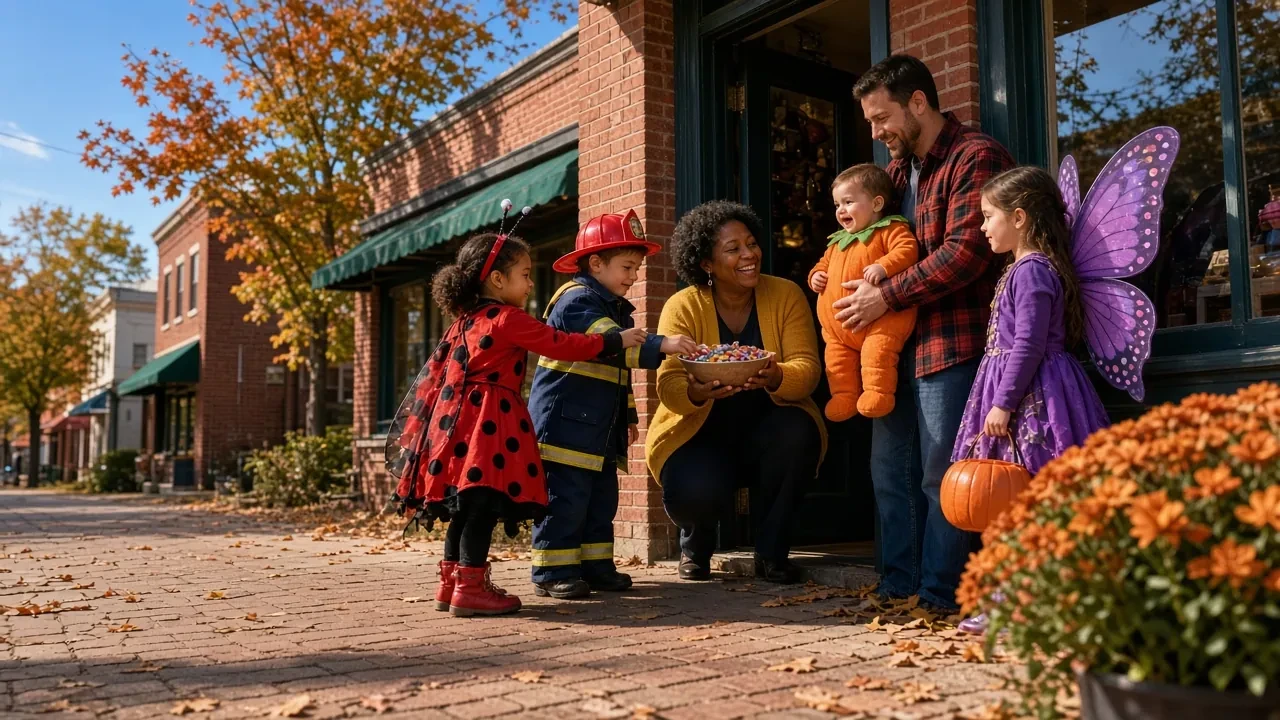 A woman handing candy to children in costumes outside a brick storefront with mums by the door.