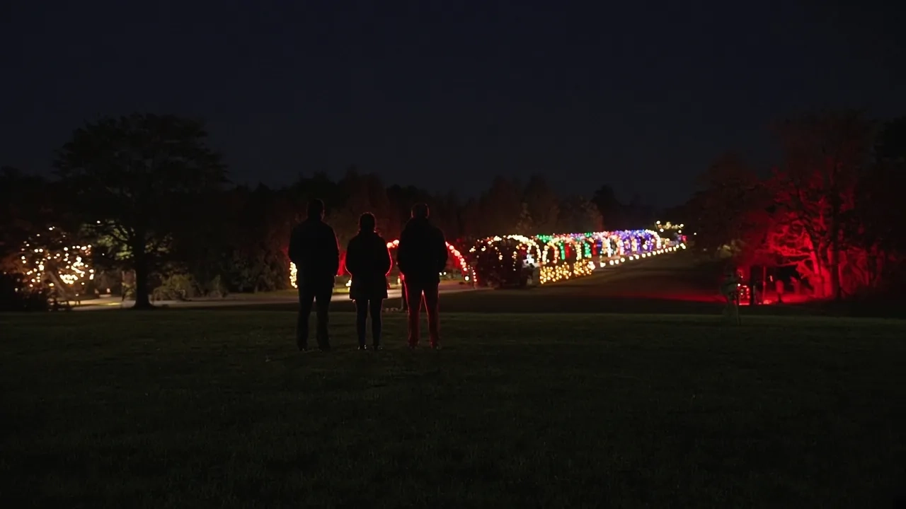 Visitors walking a dark meadow path past glowing strands of holiday lights.