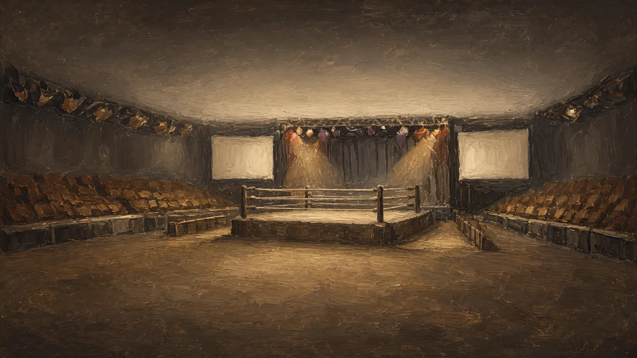 Painting of a wrestling ring under lights in a dark arena.
