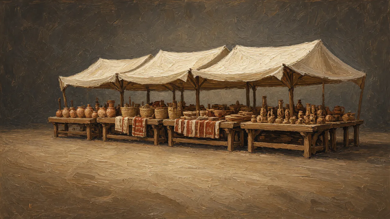 Painting of handmade goods on tables under white canopies.