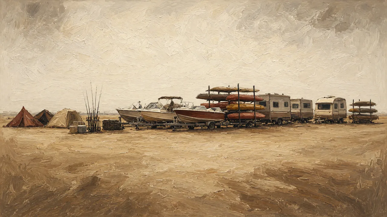 Painting of boats, trailers and tents displayed on an open lot.